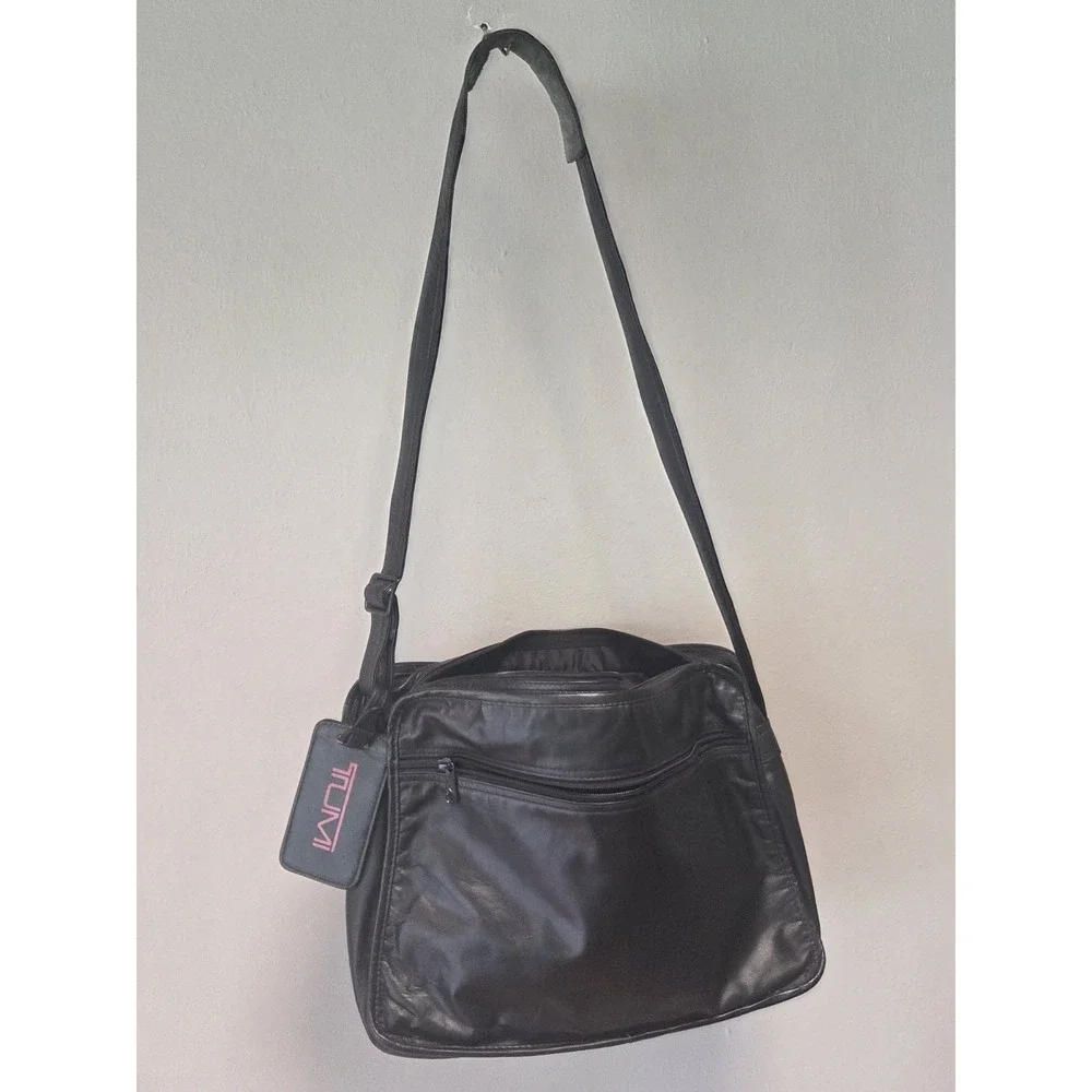 TUMI Leather Bag Organizer Black Crossbody Multipocket  Old Style